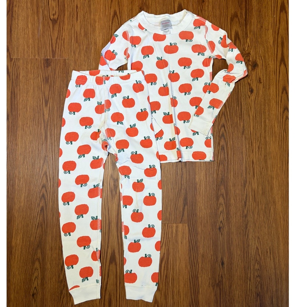 Hanna Andersson Kids Fall Halloween Pumpkin Pajama Set Orange Cream Size 5 110cm